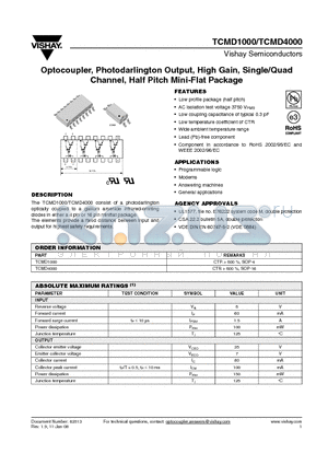 TCMD1000 datasheet - Optocoupler, Photodarlington Output, High Gain, Single/Quad Channel, Half Pitch Mini-Flat Package