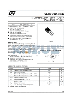STGW20NB60HD datasheet - N-CHANNEL 20A - 600V TO-247 PowerMESH  IGBT