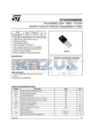 STGW20NB60K datasheet - N-CHANNEL 20A - 600V - TO-247 SHORT CIRCUIT PROOF PowerMESH IGBT