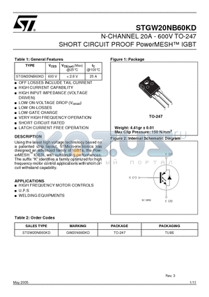 STGW20NB60KD datasheet - N-CHANNEL 20A - 600V - TO-247 SHORT CIRCUIT PROOF PowerMESH IGBT