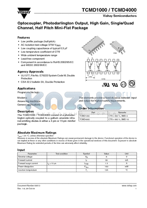 TCMD4000 datasheet - Optocoupler, Photodarlington Output, High Gain, Single/Quad Channel, Half Pitch Mini-Flat Package