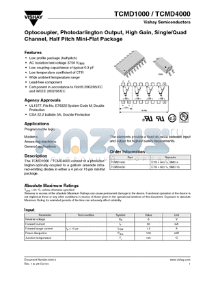 TCMD1000 datasheet - Optocoupler, Photodarlington Output, High Gain, Single/Quad Channel, Half Pitch Mini-Flat Package