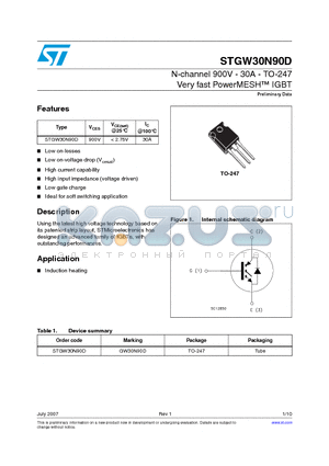 STGW30N90D datasheet - N-channel 900V - 30A - TO-247 Very fast PowerMESH IGBT