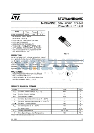 STGW30NB60HD datasheet - N-CHANNEL 30A - 600V TO-247 PowerMESH  IGBT