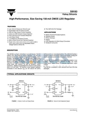 SI9183DT-15-T1 datasheet - High-Performance, Size Saving 150-mA CMOS LDO Regulator