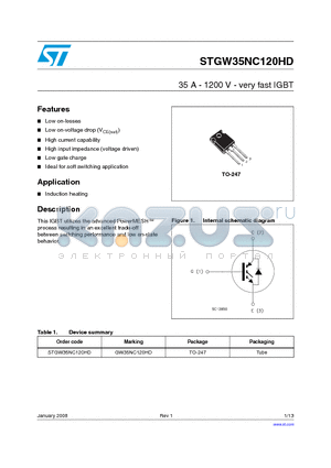 STGW35NC120HD datasheet - 35 A - 1200 V - very fast IGBT