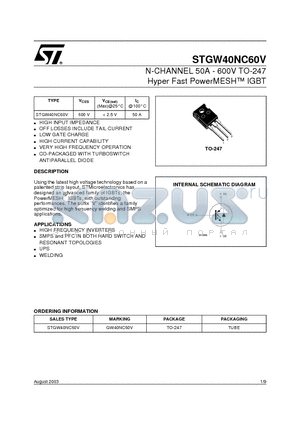 STGW40NC60V datasheet - N-CHANNEL 50A - 600V TO-247 Hyper Fast PowerMESH IGBT