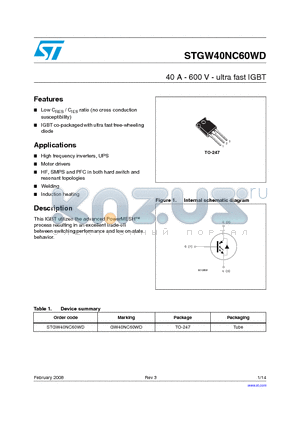STGW40NC60WD datasheet - 40 A - 600 V - ultra fast IGBT