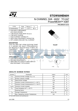 STGW50NB60H datasheet - N-CHANNEL 50A - 600V TO-247 PowerMESH  IGBT