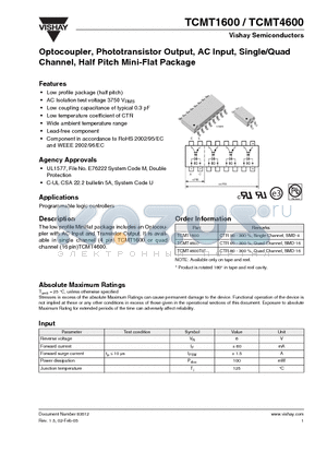 TCMT4600 datasheet - Optocoupler, Phototransistor Output, AC Input, Single/Quad Channel, Half Pitch Mini-Flat Package