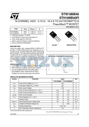 STH18NB40 datasheet - N-CHANNEL 400V - 0.19ohm - 18.4A TO-247/ISOWATT218 PowerMESH  MOSFET