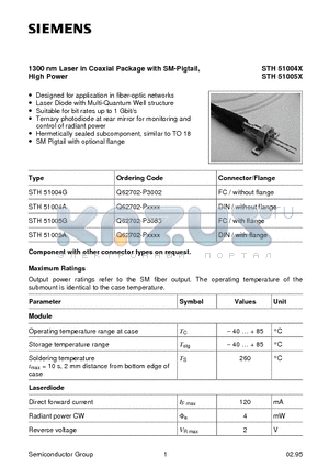 STH51005G datasheet - 1300 nm Laser in Coaxial Package with SM-Pigtail, High Power