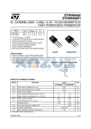 STH9NA80 datasheet - N - CHANNEL 800V - 0.85ohm - 9.1A - TO-247/ISOWATT218 FAST POWER MOS TRANSISTOR