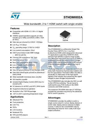 STHDMI002A datasheet - Wide bandwidth, 2 to 1 HDMI switch with single enable