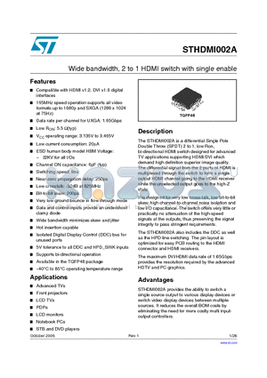 STHDMI002ABTR datasheet - Wide bandwidth, 2 to 1 HDMI switch with single enable