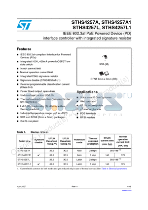 STHS4257A datasheet - IEEE 802.3af PoE Powered Device (PD) interface controller with integrated signature resistor