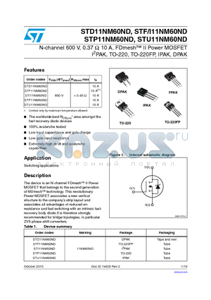 STI11NM60ND datasheet - N-channel 600 V, 0.37 Y, 10 A, FDmesh II Power MOSFET I2PAK, TO-220, TO-220FP, IPAK, DPAK