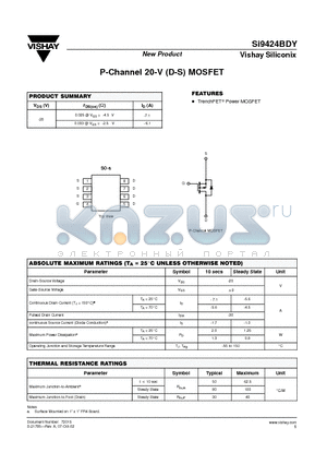 SI9424BDY datasheet - P-Channel 20-V (D-S) MOSFET
