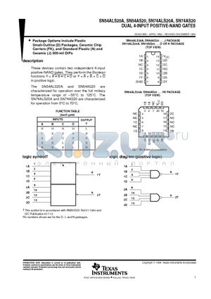 SNJ54AS20FK datasheet - DUAL 4-INPUT POSITIVE-NAND GATES