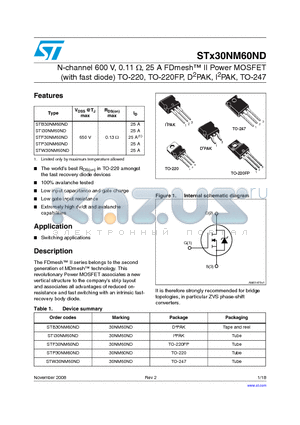 STI30NM60ND datasheet - N-channel 600 V, 0.11 Y, 25 A FDmesh II Power MOSFET (with fast diode) TO-220, TO-220FP, D2PAK, I2PAK, TO-247