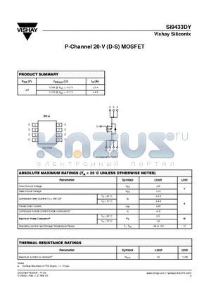 SI9433DY datasheet - P-Channel 20-V (D-S) MOSFET