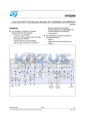STI5200 datasheet - Low-cost SDTV set-top box decoder for H.264/AVC and MPEG-2