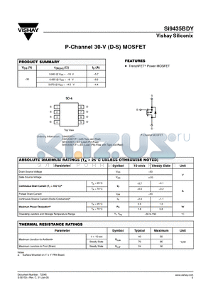 SI9435BDY datasheet - P-Channel 30-V (D-S) MOSFET