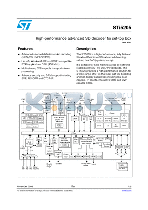 STI5205 datasheet - High-performance advanced SD decoder for set-top box