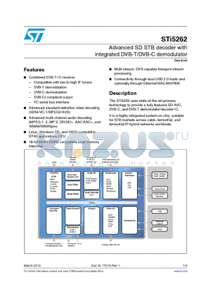 STI5262 datasheet - Advanced SD STB decoder with integrated DVB-T/DVB-C demodulator