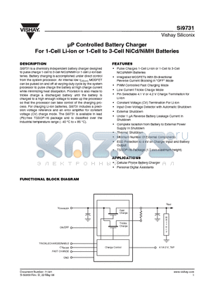 SI9731 datasheet - UP Controlled Battery Charger For 1-Cell Li-ion or 1-Cell to 3-Cell NiCd/NiMH Batteries