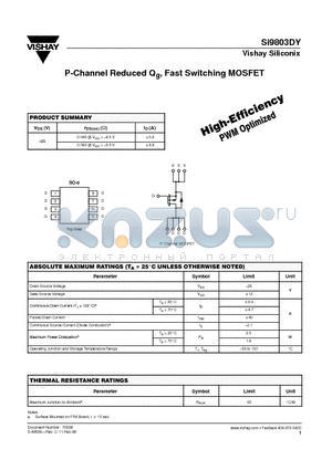 SI9803DY datasheet - P-Channel Reduced Qg Fast Switching MOSFET