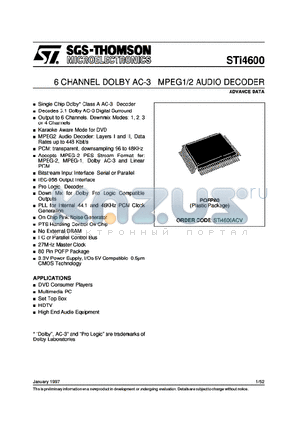 STI4600 datasheet - 6 CHANNEL DOLBY AC-3 MPEG1/2 AUDIO DECODER