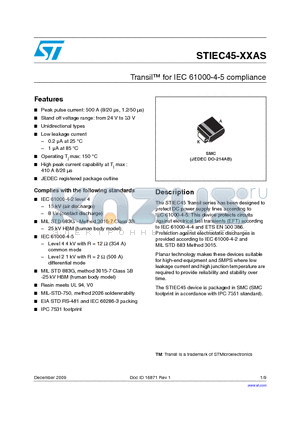 STIEC45-XXAS datasheet - Transil for IEC 61000-4-5 compliance
