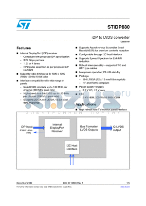 STIDP880 datasheet - iDP to LVDS converter