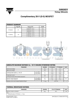 SI9928DY datasheet - Complimentary 20-V (D-S) MOSFET