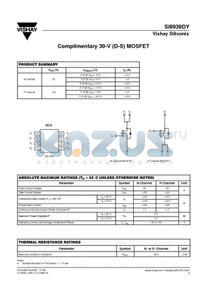 SI9939DY datasheet - Complimentary 30-V (D-S) MOSFET