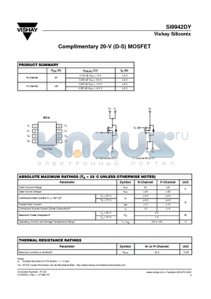 SI9942DY datasheet - Complimentary 20-V (D-S) MOSFET