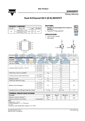 SI9945BDY datasheet - Dual N-Channel 60-V (D-S) MOSFET