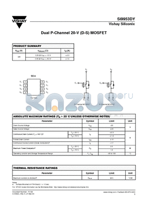 SI9953DY datasheet - Dual P-Channel 20-V (D-S) MOSFET