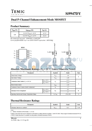 SI9947DY datasheet - Dual P-Channel Enhancement-Mode MOSFET