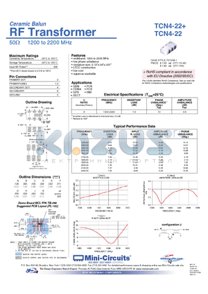 TCN4-22 datasheet - Ceramic Balun RF Transformer