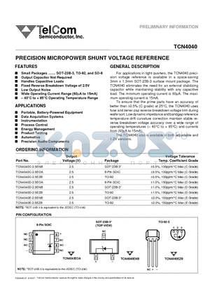 TCN4040C-2.5EZB datasheet - PRECISION MICROPOWER SHUNT VOLTAGE REFERENCE