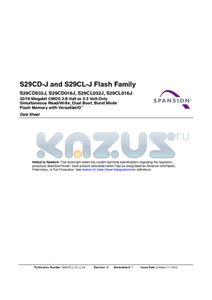 S29CL016J datasheet - 32/16 Megabit CMOS 2.6 Volt or 3.3 Volt-Only Simultaneous Read/Write, Dual Boot, Burst Mode Flash Memory with VersatileI/O