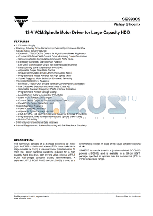 SI9993CS datasheet - 12-V VCM/Spindle Motor Driver for Large Capacity HDD