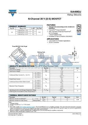 SIA408DJ-T1-GE3 datasheet - N-Channel 30 V (D-S) MOSFET