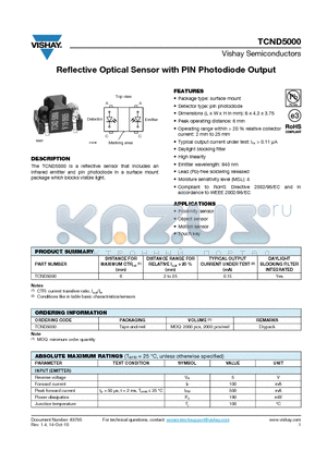TCND5000_10 datasheet - Reflective Optical Sensor with PIN Photodiode Output