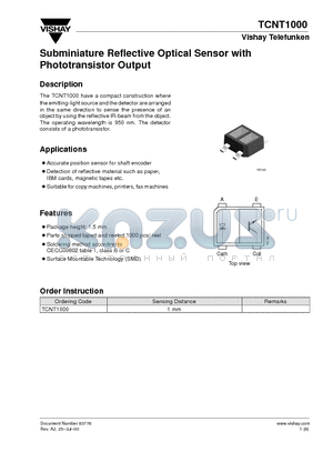 TCNT1000 datasheet - Subminiature Reflective Optical Sensor with Phototransistor Output