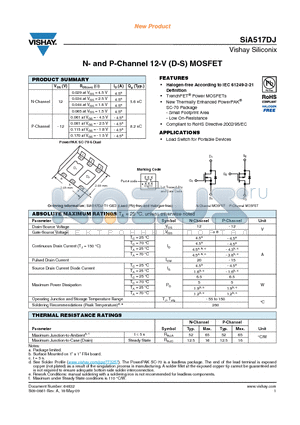 SIA517DJ datasheet - N- and P-Channel 12-V (D-S) MOSFET