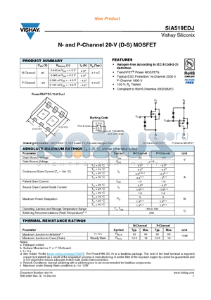 SIA519EDJ datasheet - N- and P-Channel 20-V (D-S) MOSFET