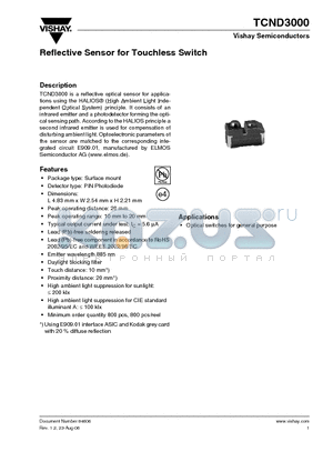 TCND3000 datasheet - Reflective Sensor for Touchless Switch